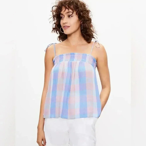 LOFT Tops - NEW LOFT Petite XS Plaid Smocked‎ Bow Strap Cami NWT